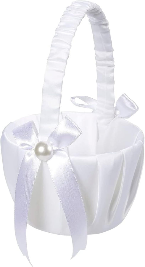 White Flower Girl Basket with Satin Bowknot & Pearl Design - 8 x 5.2 x 6 Inch, Ideal for Wedding Party Accessories
