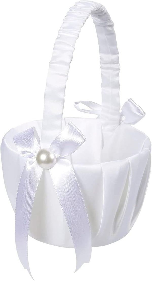 White Flower Girl Basket with Satin Bowknot & Pearl Design - 8 x 5.2 x 6 Inch, Ideal for Wedding Party Accessories