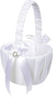 White Flower Girl Basket with Satin Bowknot & Pearl Design - 8 x 5.2 x 6 Inch, Ideal for Wedding Party Accessories