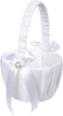 White Flower Girl Basket with Satin Bowknot & Pearl Design - 8 x 5.2 x 6 Inch, Ideal for Wedding Party Accessories