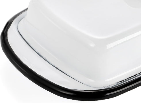 Suwimut Enamelware Butter Dish with Lid, Vintage Style White Butter Container with Black Rim for Countertop