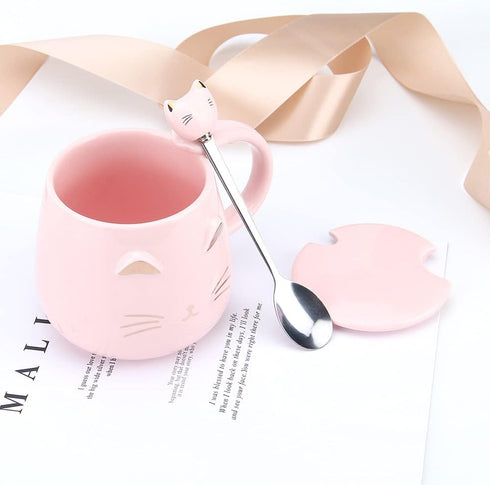 Pink Ceramic Coffee Mug, Cute Cat Handmade Tea Cup with Stainless Steel Spoon, Unique Hot Chocolate Novelty Mug for
