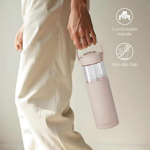 20oz SANDJEST Glass Water Bottle with Silicone Sleeve and Straw Lid for Girls Women, Glass Drinking Bottles for Travel