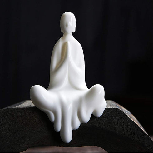 Kingzhuo White Ceramic Cute Sitting Buddha Statue, Beautiful Praying Hands Meditation Monk Figurine, 4'' Tall