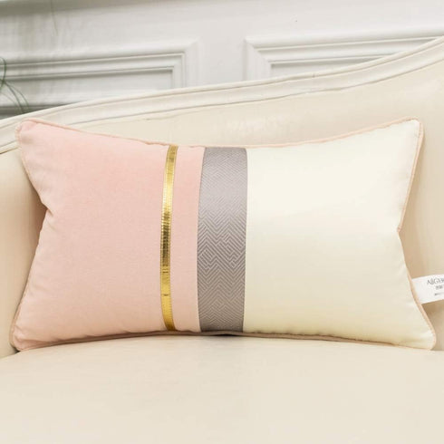 Avigers 12 x 20 Inches Pink White Gold Leather Striped Patchwork Velvet Cushion Case, Luxury Modern Throw Pillow Cover