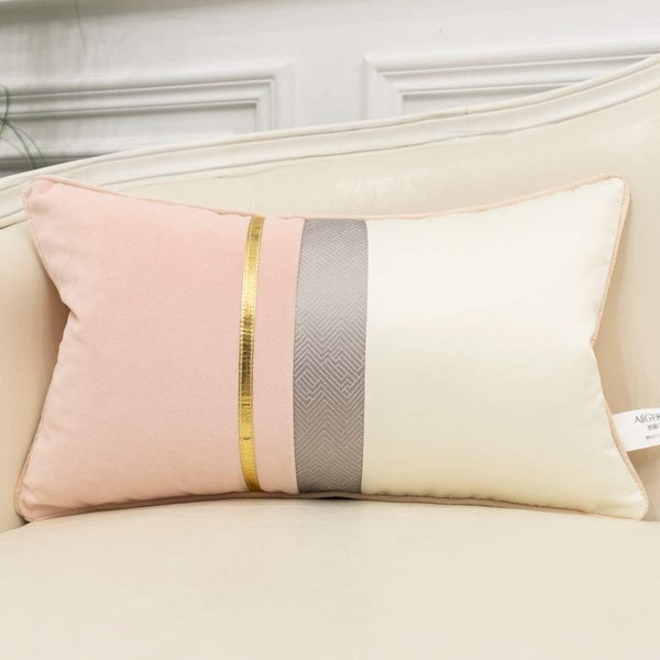 Avigers 12 x 20 Inches Pink White Gold Leather Striped Patchwork Velvet Cushion Case, Luxury Modern Throw Pillow Cover
