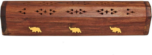 raajsee Beautiful Handmade Wooden Brown Incense Stick Holder Burner Coffin Box - Ash Catcher with Brass Inlay - Home