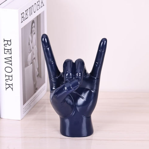 7.7" QIANLING Blue Resin Rock On Hand Gesture Statue - Rock Culture Music Lovers' Decorative Tabletop Sculpture