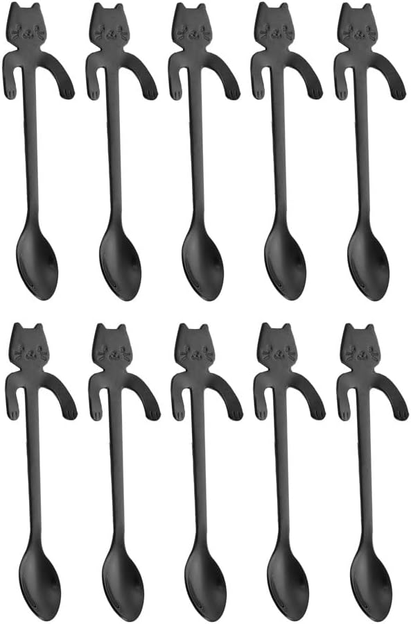 10PCS Stainless Steel Cute Mini Cat Spoons, 4.5 Inch for Tea, Coffee, Dessert, Ice Cream (Black)