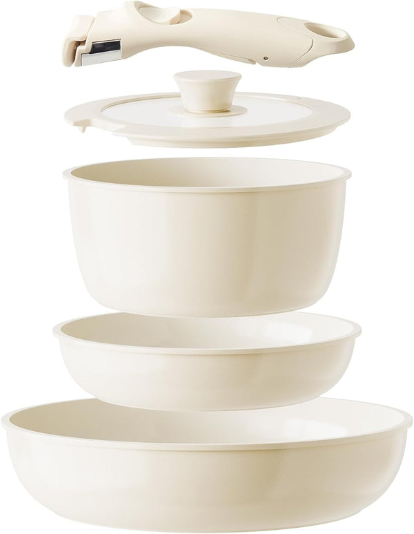 Redchef Ceramic Pots and Pans Set, Non Stick Kitchen Cookware, 5 Piece Non Toxic Pots and Pans Set, Beige