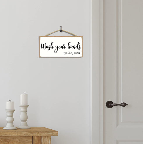 Wash Your Hands ya Filthy Animal Sign, Funny Bathroom Decor, Rustic Wall Decor 5 x 10 Inches for Home
