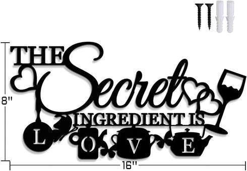 The Secret Ingredient is Love Metal Wall Art Sign - Farmhouse Kitchen Decor, Housewarming Gift (Black - 16 x 8 inch)