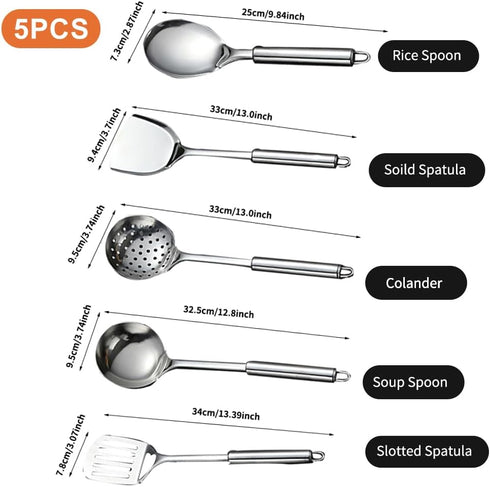 5 PCS Cooking Utensils Set Stainless Steel Kitchen Utensils Gadgets Resistant Cooking Tools Includes Slotted Spoon, Slotted Spatula, Large Spoon, Soup, Spatula(Sliver)