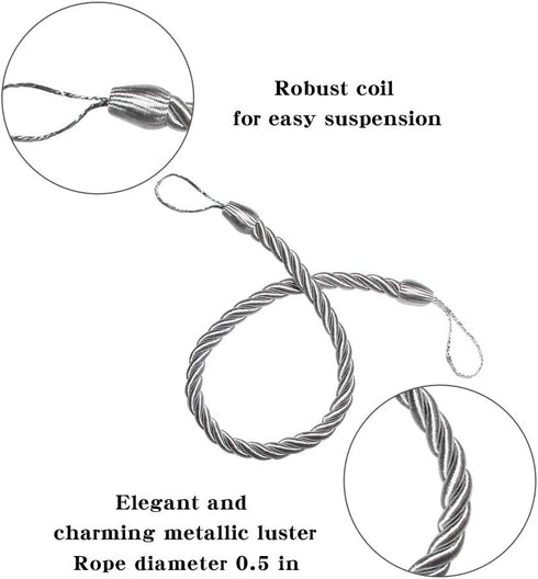 BEL AVENIR Curtain Rope Tiebacks, Drapery Holdbacks with 4 Metal Screw Hooks, 2 Pair - Silver
