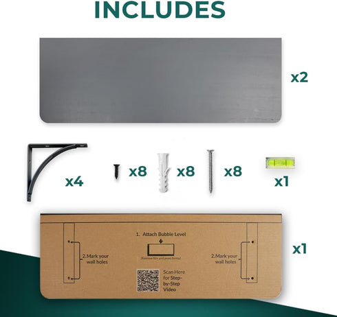 Reinforced Steel Bracket Grey Wall Shelves - Easy to Install, Template and Video Included - Grey Shelf for Wall, Gray