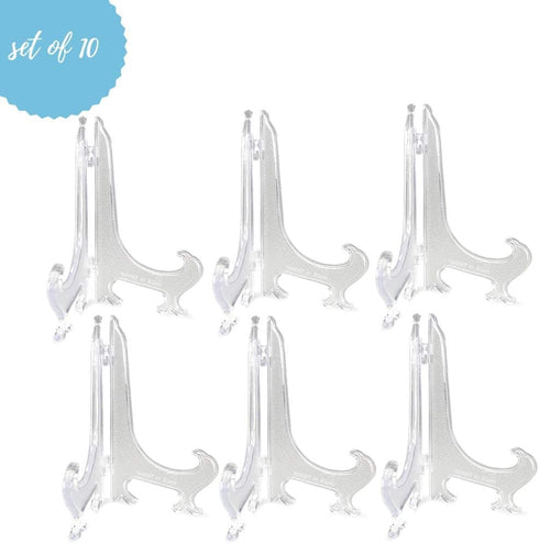 BANBERRY DESIGNS Large Clear Plastic Easels - 9 Inches High -Pack of 10 Stands - Display Pictures Plates Weddings - Folding Hinges Lays Flat