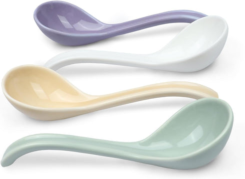 Asian Soup Spoon Set of 4, Ceramic Ramen Spoons, Long Handle for Dumpling, Pho, Noodles