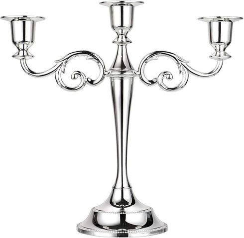 OwnMy 3 Arms Metal Candelabra, Silver Elegant Candle Holder for Wedding Dining Table Christmas Party Home Decoration