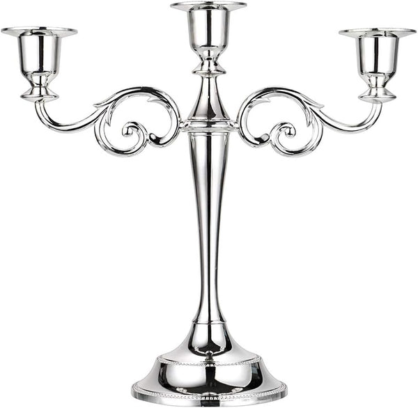 OwnMy 3 Arms Metal Candelabra, Silver Elegant Candle Holder for Wedding Dining Table Christmas Party Home Decoration