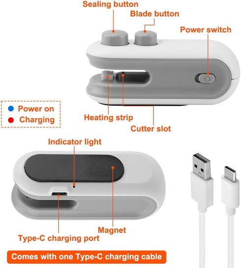 Mini Bag Sealer, USB-C Rechargeable 2 in 1 Heat Sealer with Cutter, Portable Resealer for Food Storage