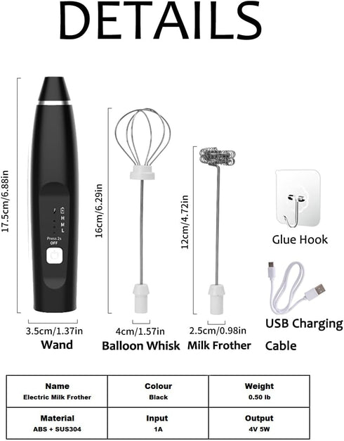 Milk Frother Handheld Foam Maker, 2 Stainless Stirring Heads, 3 Speed Rechargeable Electric Blender for Cappuccino,