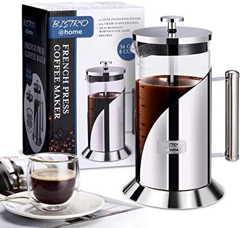 French Press Coffee Maker - 304 Grade Stainless Steel, 4 Level Filtration System, Heat Resistant Borosilicate Glass