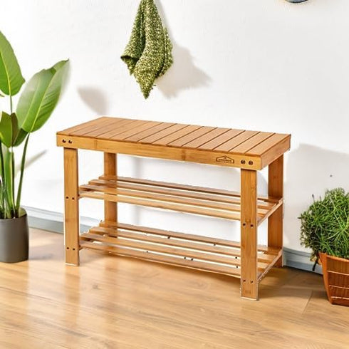 3 Bamboo Tier Shoe Rack Bench, Premium Shoe Organizer or Entryway Bench, Perfect for Shoe Cubby, Entry Bench, Bathroom