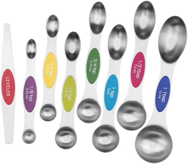 Magnetic Measuring Spoons Set of 8, Stainless Steel, Stackable Dual Sided Teaspoons and Tablespoons