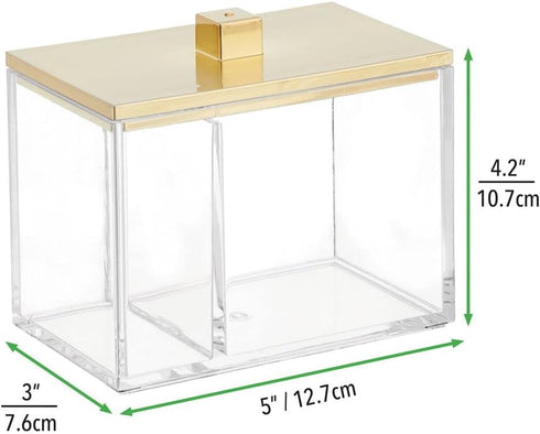 mDesign Modern Square Bathroom Vanity Storage Organizer Canister Jar for Cotton Swabs, Makeup Sponges - Clear/Soft Brass
