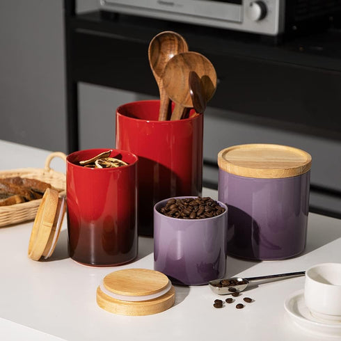 Sweejar Ceramic Food Storage Jar, Stackable Kitchen Canisters with Airtight Seal Wooden Lid for Coffee, Tea, Sugar