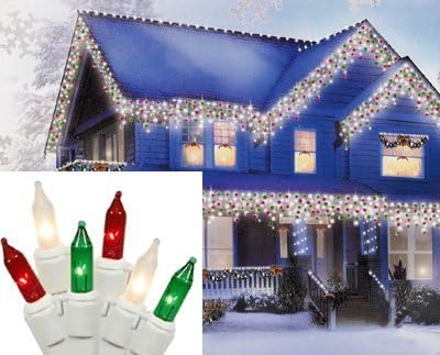 Set of 100 Red, Green, and Clear Frosted Icicle Lights - White Wire