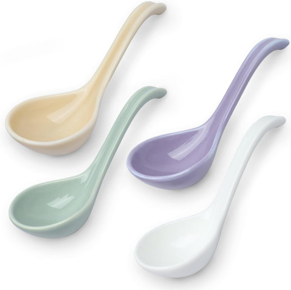 Asian Soup Spoon Set of 4, Ceramic Ramen Spoons, Long Handle for Dumpling, Pho, Noodles