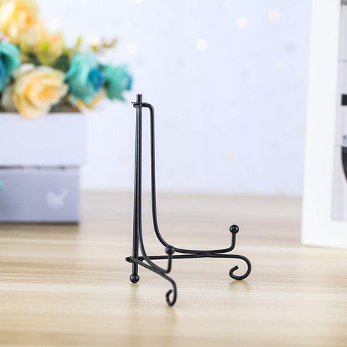 (4 Pack) Black Iron Display Stand - 5 Inch Easel Plate Holder for Picture Frames, Cookbooks, and Art