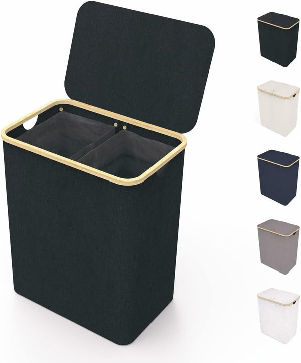 Lonbet Double Laundry Hamper with Lid Cover, Bamboo Dual Section Basket, Removable Bags, 39.6 Gallons (Black)