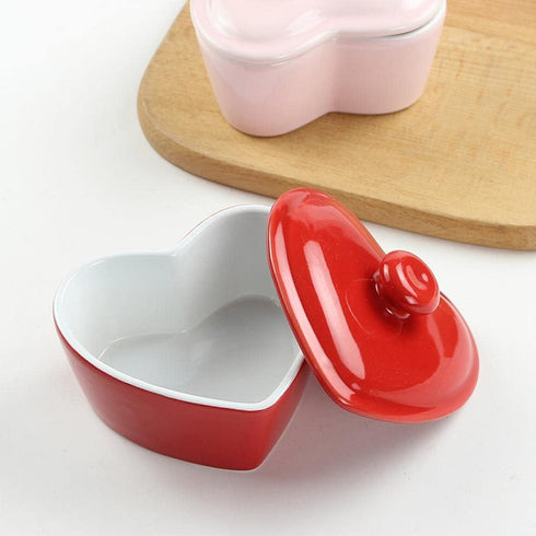Heart-Shaped Ceramic Baking Bowl with Lid, 5 OZ Rice Bowl - Red