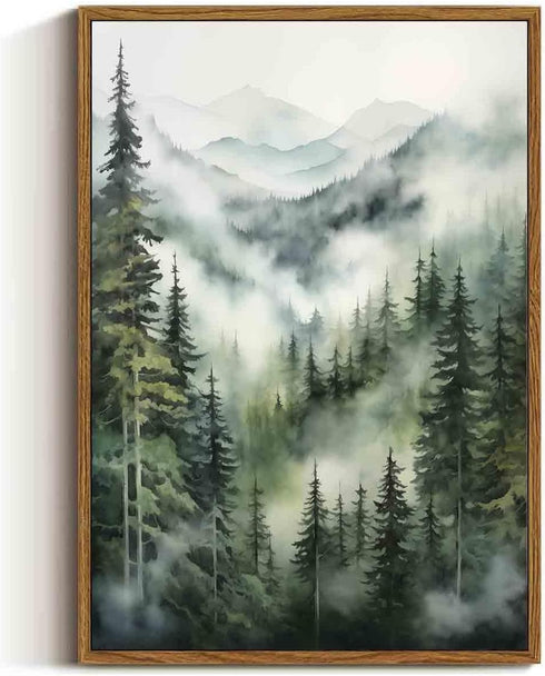 Landscape Watercolor Picture, Misty Forest Poster Mountain Forest Painting Foggy Forest Print Canvas Wall Art 16x24inch