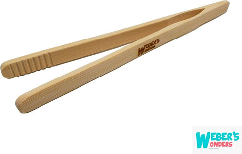 Weber's Wonders Set of 2 Reusable Bamboo Toast Tongs, 8 Inch Long Wooden Kitchen Utensil for Cooking & Holding
