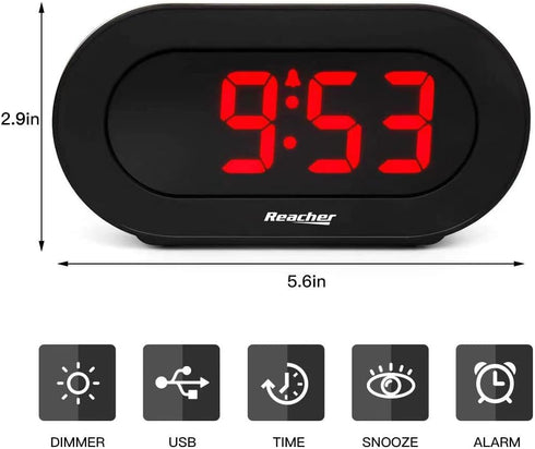 REACHER Small LED Digital Alarm Clock, Full Range Brightness Dimmer, USB Charger, Adjustable Alarm Volume