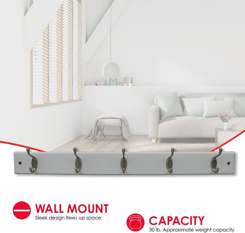 Home Basics Durable 5-Double-Hooks Wall Mounted Hanging Rack (White) for Entry Way or Garage