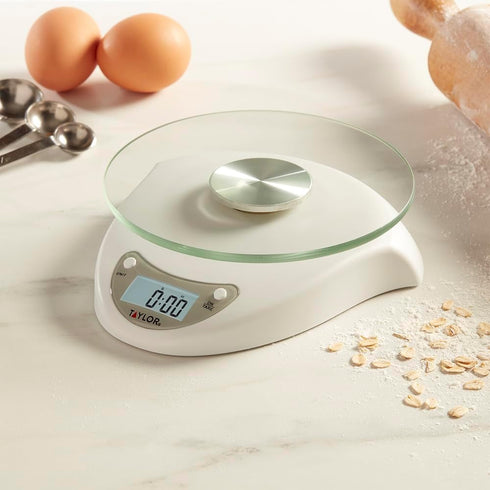 Taylor Digital Kitchen Scale with Glass Platform, Weighs up to 11 Pounds, White