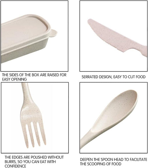 M&F 4 Pack Portable Utensils Set with Case, Reusable Wheat Straw Cutlery for Kids and Adults, Fork Spoon Cutter