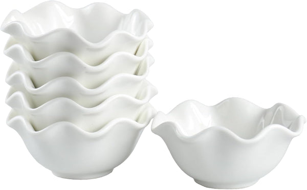 Porcelain Pinch Bowls Set of 6 - 1.6 oz Small Ruffle Design Bowls for Meal Prep and Dippings