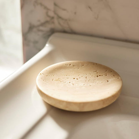 Round Travertine Tray for Jewelry, Marble Trinket Dish Tray, Nightstand Decor, Coaster, Soap Dish,Sponge Holder