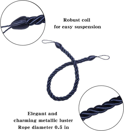 BEL AVENIR Curtain Rope Tiebacks, Drapery Holdbacks with 4 Metal Screw Hooks (Navy, 4pack)