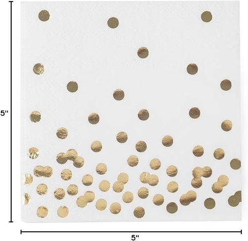 80 Pack of White Paper Cocktail Napkins with Gold Foil Polka Dot Confetti, Polka Dot Party Supplies (5 x 5 in)