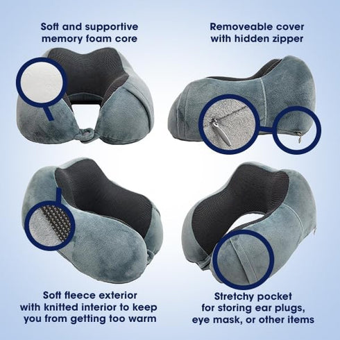 Wolf Essentials 4-Piece Set Memory Foam Neck Pillow Travel Ergonomic Neck Support Pillow with Eye Mask, Earplugs & Mesh