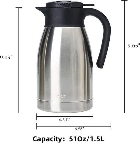GiNT 51Oz Stainless Steel Thermal Coffee Carafe with Lid, Double Walled Vacuum Thermos, 12 Hour Heat Retention, Silver