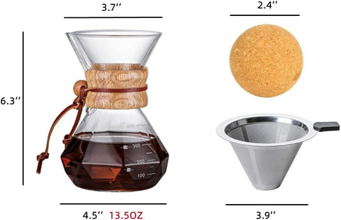 Pour Over Coffee Maker with Wood Sleeve, 13.5oz/400ml Dripper Set, Includes Cork Stopper