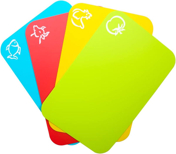 Small Flexible Plastic Cutting Board Mats, Set of 4, 2 Pack with Food Icons, Gripped Back, Dishwasher Safe, 7.5x11.4inch