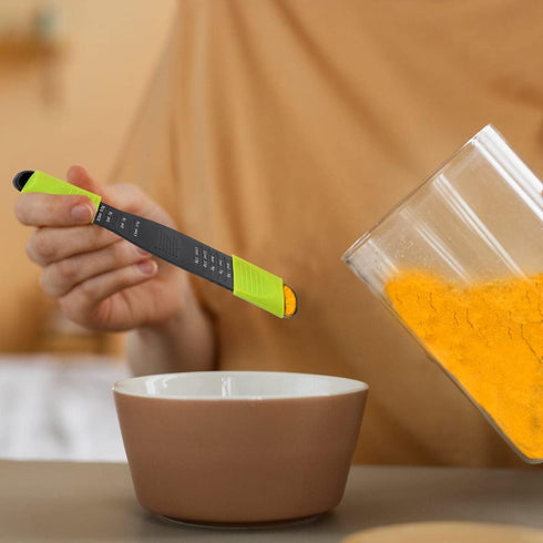 Performore Adjustable Measuring Spoon (Green, Black) with Double End Scale, 9 Stalls for Dry & Semi-Liquid Ingredients